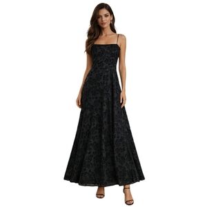 Motif Black Floral Applique Formal Maxi Dress XS Lace Up Back Textured